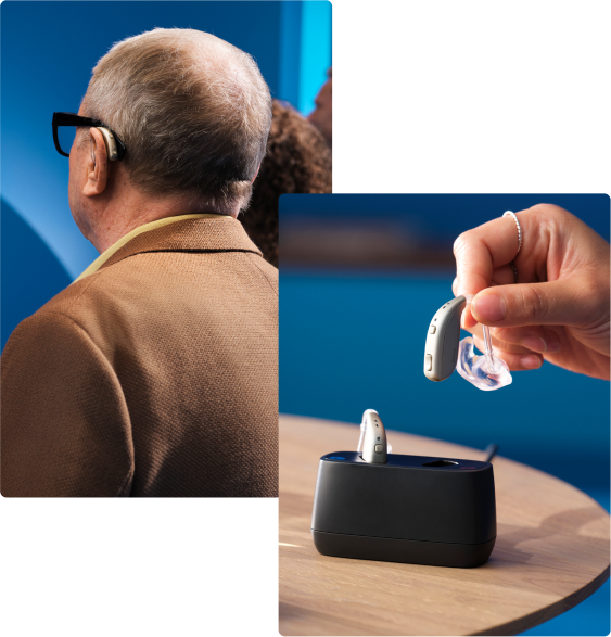 Two images. Image one:  Close-up of a man at a conference wearing Beltone Boost Max S hearing aids listening to a presentation. Image two: A hand picking up a Beltone Boost Max S hearing aid from the desktop charger