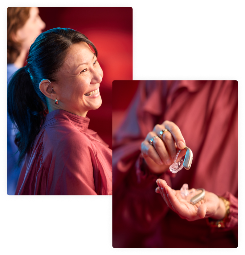A woman wearing ReSound Enzo IA hearing aids is smiling and looking happy as her hearing aids are allowing her to connect to the world around her.