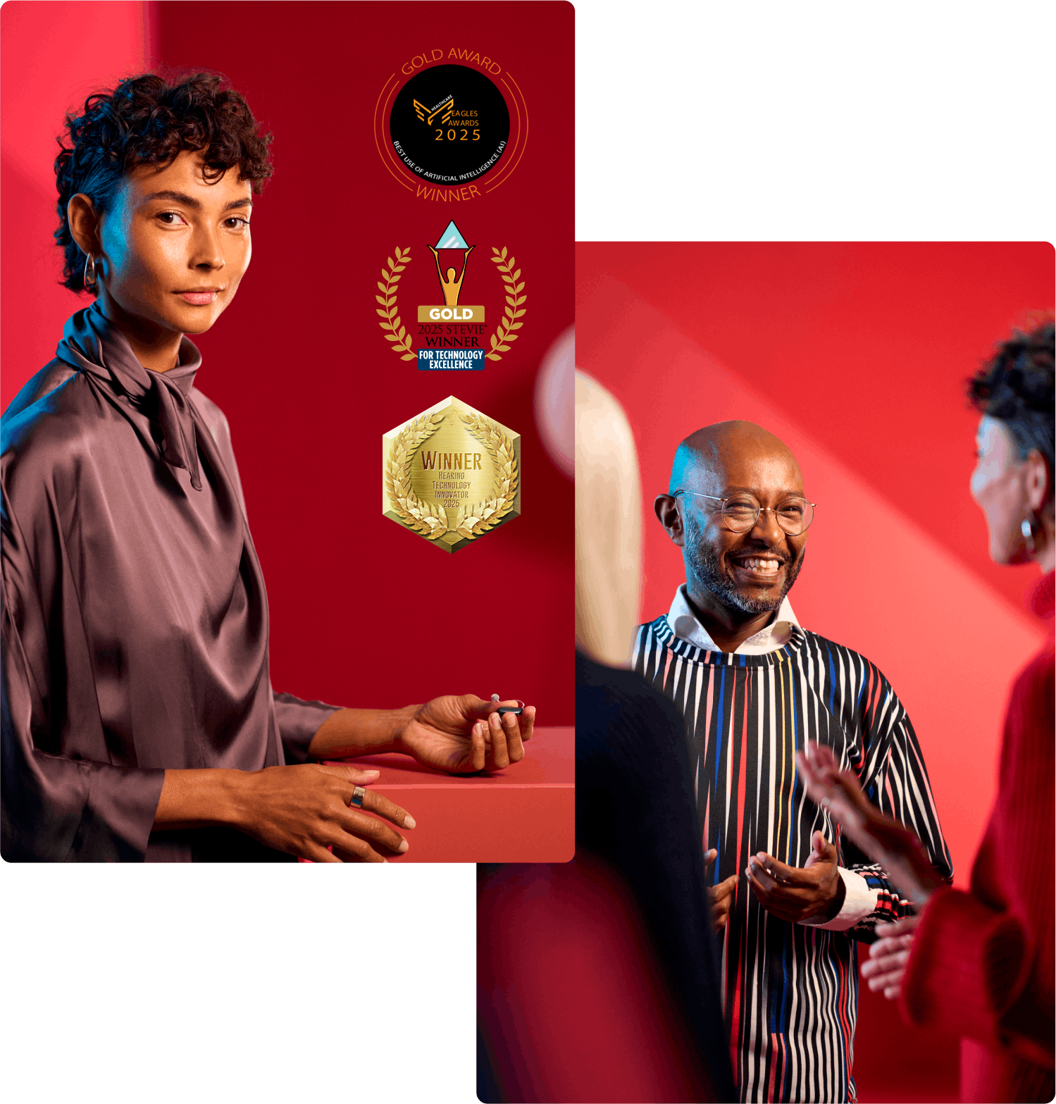 Lady holding a hearing aid in her hand and a group of people talking - award for best use of AI in hearing aids